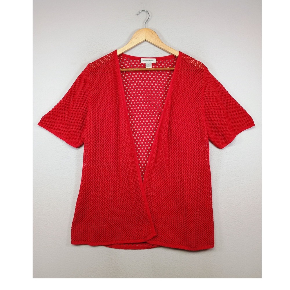 Crochet Mesh‎ Christopher & Banks Womens LG Red Open Front Short Sleeve Cardigan